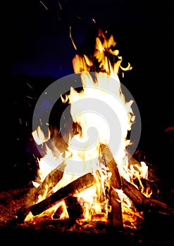 Campfire, night and wood burning outdoor in nature, forest or countryside. Bonfire flame, firewood or heating, light or