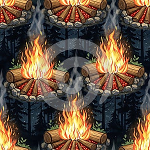 Campfire Pattern with Flames and Logs