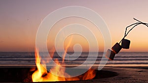 Campfire pit in California USA. Camp fire on ocean sea beach, roasting toast marshmallow on bonfire.