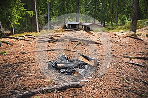 Campfire place in pine forest, with wooden shelters in the background