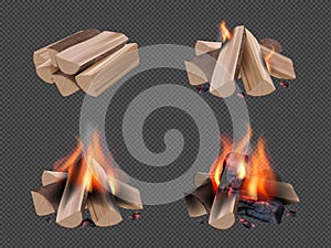 Campfire realistic. Burning flame in wooden camp fireplace bonfires with smoke travel symbols collection decent vector