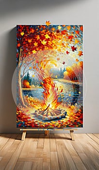 A campfire by the riverside, with autumn leaves fluttering in the warm breeze. landscape background, painting