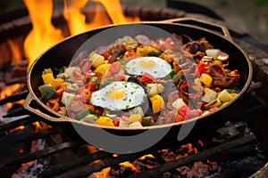 campfire skillet filled with breakfast foods on hot coals