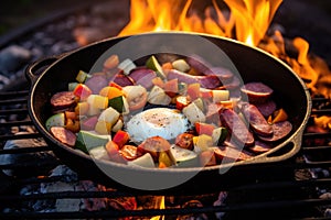 campfire skillet filled with breakfast foods on hot coals