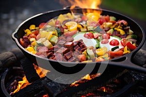 campfire skillet filled with breakfast foods on hot coals