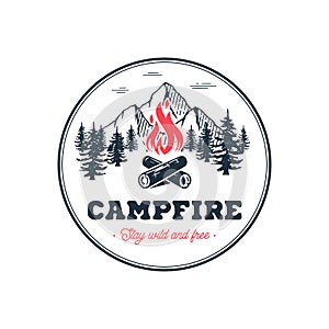 Campfire stay wild circle white Vector illustration.