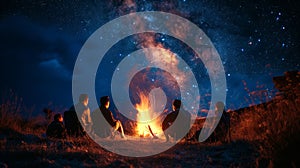 Campfire stories under a starry sky, faces illuminated by the warm glow of crackling flames