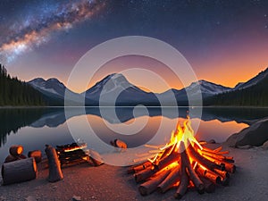 Campfire surround beauty of nature puddle and mountain in evening light