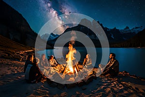 A campfire surrounded by hikers, with the warm glow illuminating their faces as they share stories under a starry night sky