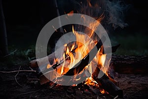 Hoguera sobre el turístico cámping en noche. fuego a chispas sobre el oscuro. 