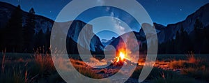 Campfire under starry night sky, Yosemite meadow, landscape, starry, relaxing