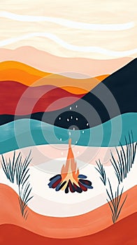 Campfire under Stars. Hand drawn (AI