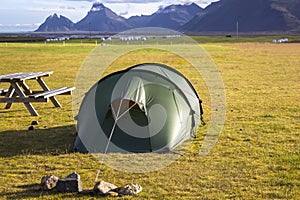 Campground near Lon, Iceland. View to the famous Klifatindur