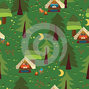 Campground outdoor scene seamless vector background. Camping pattern. Glamping Boho tents at night in the forest. Trees, campfire,