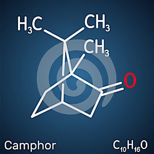 Camphor molecule. It is terpenoid and a cyclic ketone. Structural chemical formula on the dark blue background photo