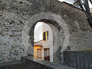 Campi Bisenzio, Italy, Medieval door, arched entrance, Porta Santo Stefano, old town walls.