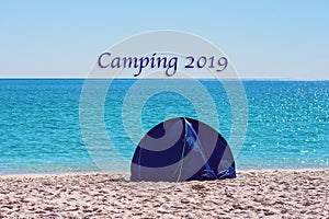 Camping 2019 Text - A Small Blue Shade Tent On A White Silica Sand Beach In Whitsund