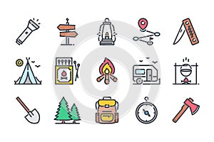Camping activities related color line icon set.