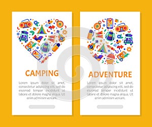 Camping and adventure card templates set. Summer travel banner, invitation card, poster vector illustration