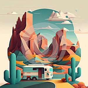 Camping adventure in desert road trip illustration