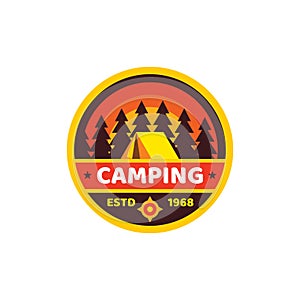 Camping adventure outdoors - concept badge logo in flat style. Extreme exploration sticker symbol.  Vector illustration. Graphic