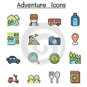 Camping , Adventure and Tourism color line icon set