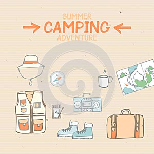 Camping, adventure, travel. Background set of characters, objects. Drawn by hand.