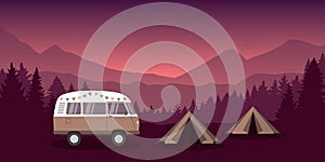 camping adventure in the wilderness with camper van and tent