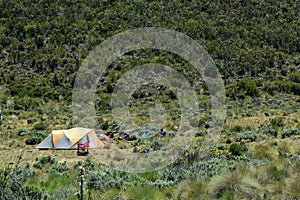 Camping against a mountain background, Mount Kenya