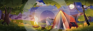 Camping background banner in flat cartoon design. Vector illustration