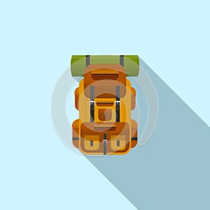 Camping backpack icon for hiking, travel and tourism on blue background with long shadow. Backpack for camp gears, mats