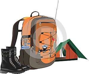 Camping backpack with sports equipment