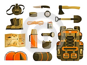 Camping backpack and tourist`s survival kit