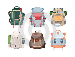 Camping backpacks set. Necessary equipment for tourism and travel colored and thick fabrics more things with hiking pot