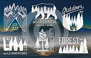 Camping badges, mountains coniferous forest and wooden logo. wild nature. landscapes with pine trees and hills. emblem