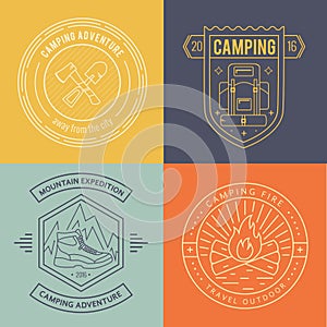 Camping badges set in thin line style.