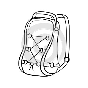 Camping bag outline vector. Travel Backpack, Hiking Backpack Doodle. Tourist equipment, isolated on a white background