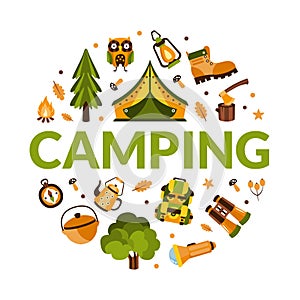 Camping Banner Template with Hiking Equipment of Round Shape, Summer Adventures, Mountaineering, , Trekking on Nature