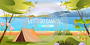 Camping banner with tent, trees, lake, hills, birds, flowers.