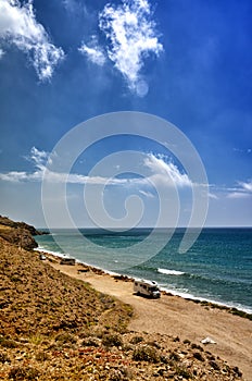Camping on the beach with a caravan, freedom concept photo