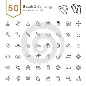 Camping & Beach Icon Set. 50 Line Vector Icons.