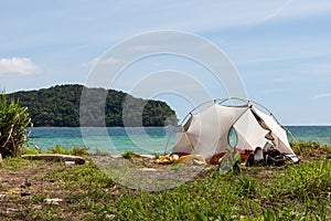 Camping on a beach of an uninhabited island.