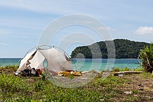 Camping on a beach of an uninhabited island.
