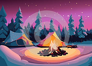 Camping and bonfire in the forest at night vector illustration