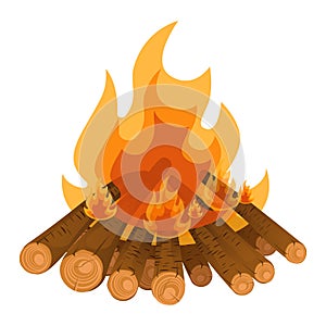 Camping bonfire from tree trunks vector illustration isolated on white