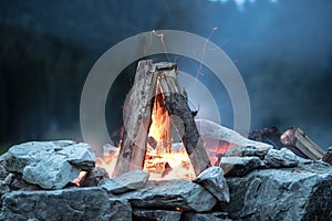 Camping bonfire with yellow and red flames in summer, forest. Copy space