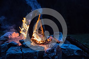 Camping bonfire with yellow and red flames in summer, forest. Copy space