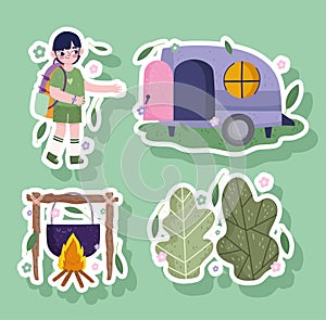 camping, boy with bag, camper forest and food in cartoon sticker style