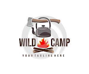 Camping, camp, ax, kettle and bonfire with fire, logo design. Hiking, adventure, survival and tourism, vector design