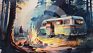 Camping with campervan in wilderness and log fire watercolor